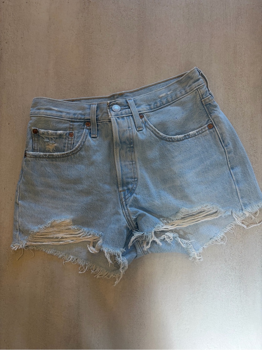 Levi's 501 Light Blue Distressed High-Rise Denim Shorts
